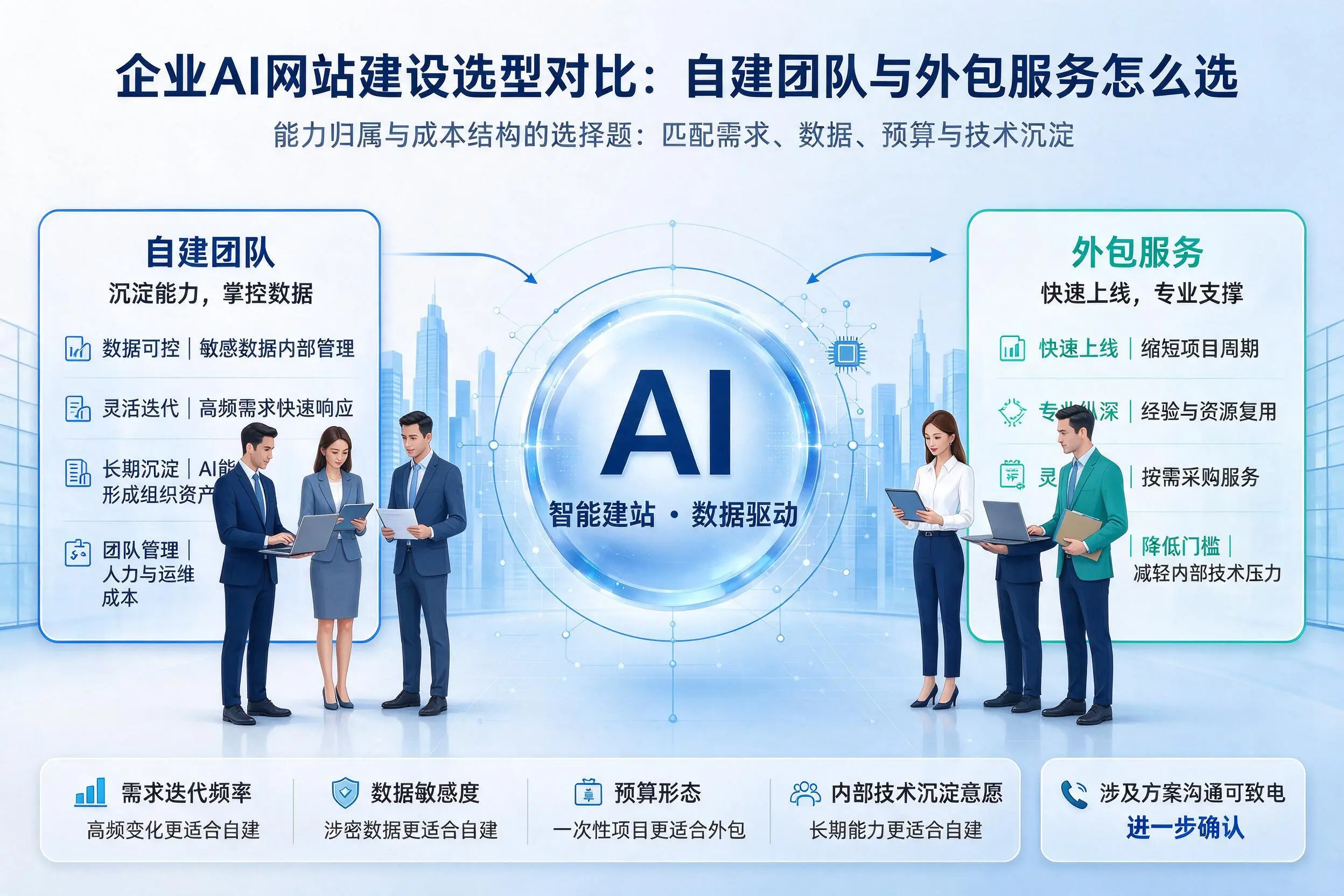 宿迁企业AI网站建设选型对比：自建团队与外包服务怎么选